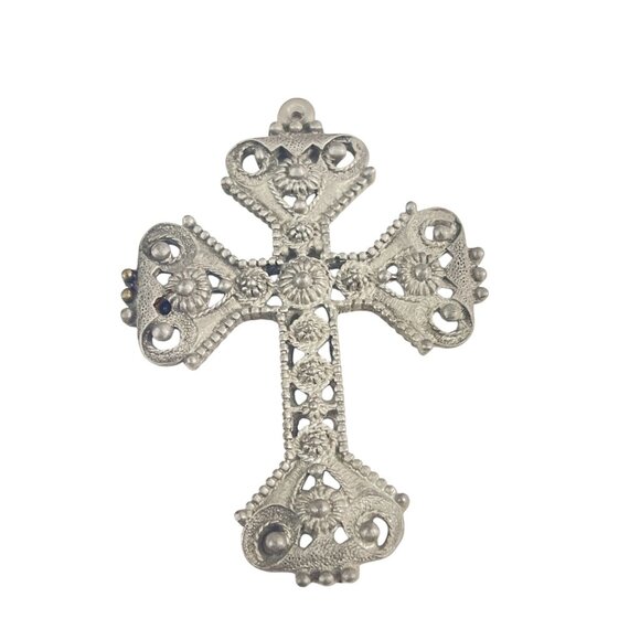 Vintage Florentine Filigree Cross Pendant 3.5" Silver-Tone Metal Religious Ornam - Picture 5 of 6